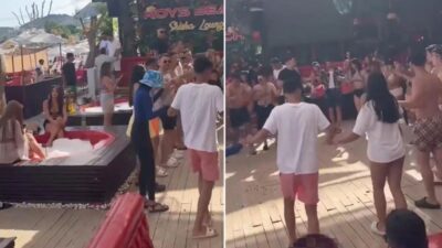 Bodrum'daki bir özel plajda köpüklü ayak havuzlarının çevresinde alkol tüketilip